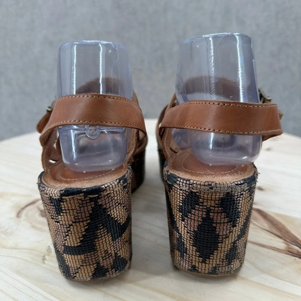 Born Dorrah Wedge Sandals 9 Tan Leather Geometric Platform Ankle Strap